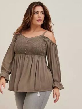 Torrid Olive Green Smocked Cold Shoulder Babydoll Top - Size 2